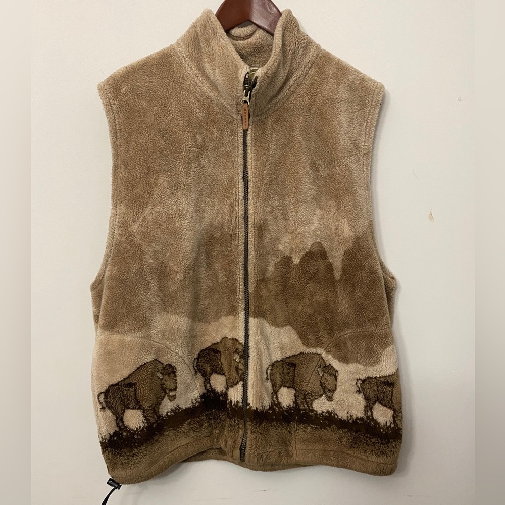 Brown Fleece Zip-Front Vest with Bison Embroidery